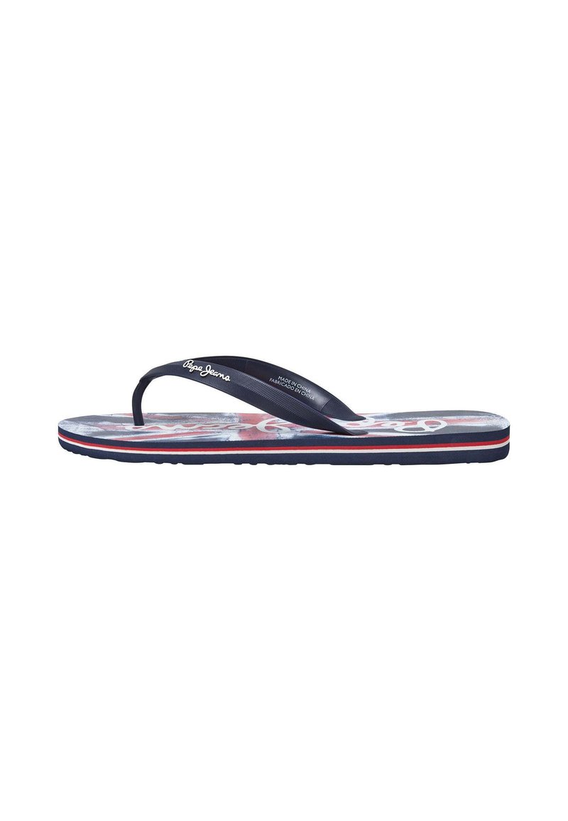 Kumiset flip-flop kumista, jossa on tummansininen nauha ja teksturoitu pohja. Sisältää värikkään kuvioidun sisustan, jossa on punainen ja valkoinen kuvio.