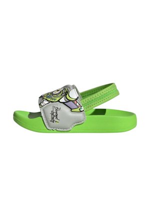 Sandalo verde a ciabatta per bambini con grafica di Buzz Lightyear su cinturino grigio regolabile e supporto verde per il tallone.