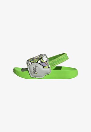 Sandalo verde a ciabatta per bambini con grafica di Buzz Lightyear su cinturino grigio regolabile e supporto verde per il tallone.
