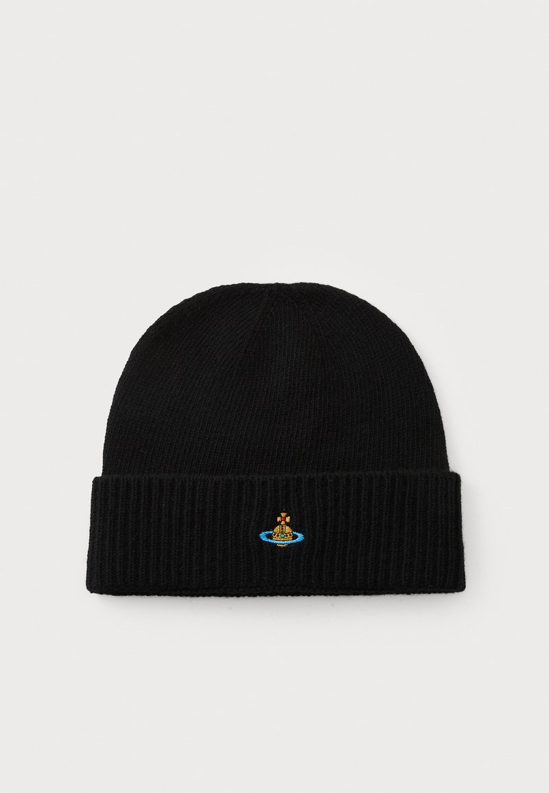 Gorro de malha preto com textura canelada e uma aba dobrada. Apresenta um pequeno design bordado colorido na parte da frente.