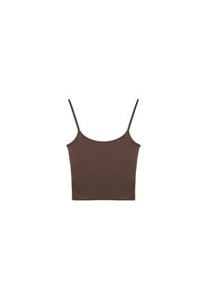 Haut court marron avec fines bretelles spaghetti et encolure dégagée, présenté sur un fond blanc.