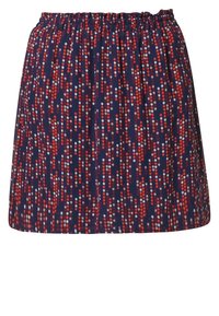 Jupe en tissu bleu marine avec un motif de pois rouges et blancs. Taille élastique et design évasé. Texture douce.