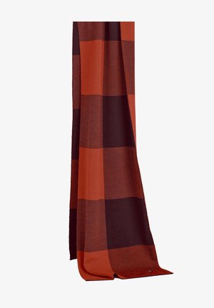 Tessuto a quadri rosso e bordeaux scuro con finitura strutturata. Forma rettangolare, caratterizzata da motivi alternati solidi e a righe.