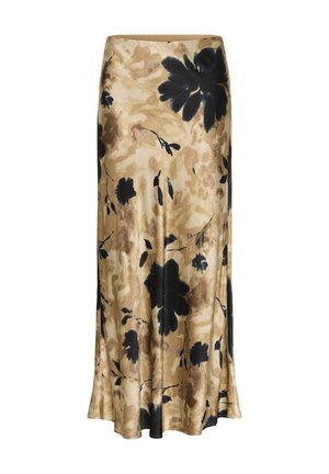 Jupe longue en satin beige avec de grands motifs floraux noirs et marron et une texture lisse et fluide.