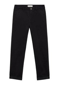 Pantalons en coton noirs avec une coupe droite, dotés d'une fermeture à bouton, de passants de ceinture et de bas de jambe à revers. Poches latérales incluses.
