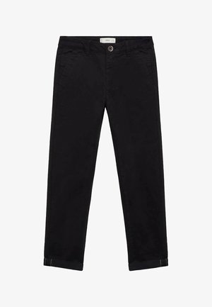 Pantaloni in cotone neri con taglio dritto, dotati di chiusura con bottone, passanti per cintura e orli con risvolto. Inclusi tasche laterali.