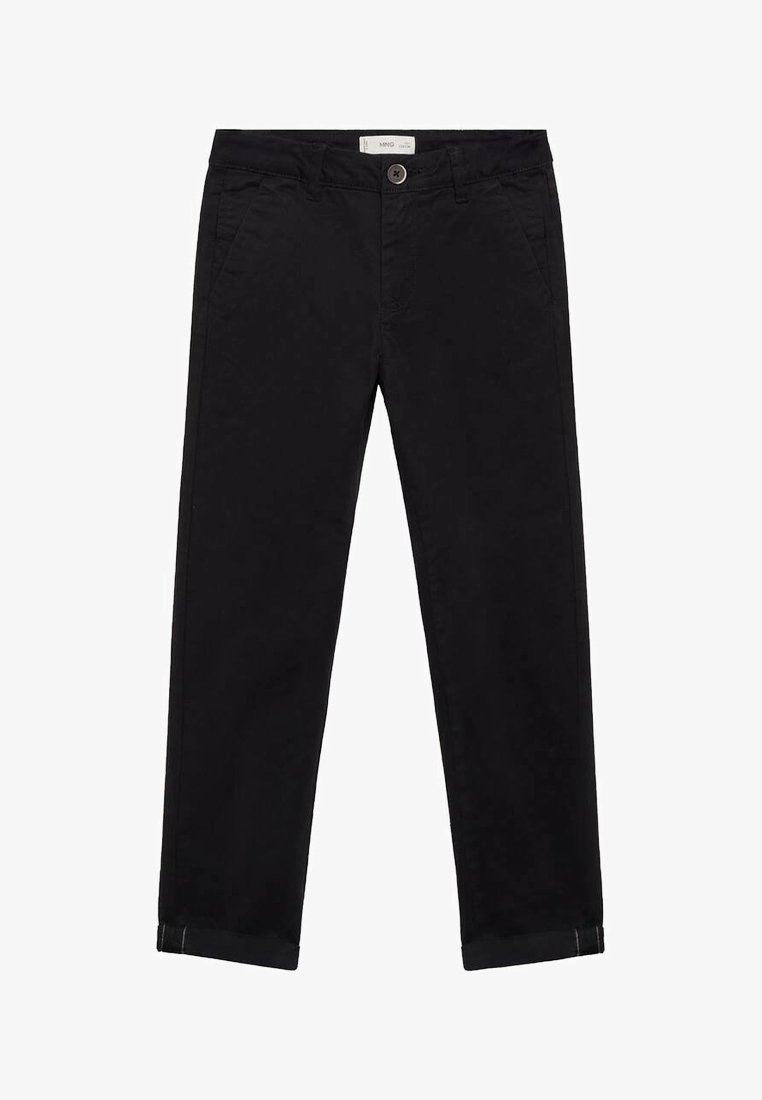 Zwarte katoenen broek met een rechte snit, voorzien van een knoopsluiting, riemlussen en omslagmanchetten. Inclusief zijzakken.