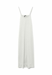 Lichtgrijze, mouwloze maxi-jurk met een V-hals, in een chevronpatroon en met dunne verstelbare bandjes. Gemaakt van een ademende stof.