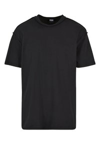 Tricou negru cu mânecă scurtă, din bumbac, având guler rotund, croială lejeră și detalii minime de cusătură pe umeri.