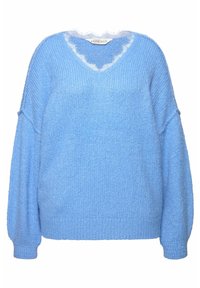 Pull tricoté bleu clair avec col en V et bordure en dentelle, doté de manches longues bouffantes et de poignets et ourlet côtelés.