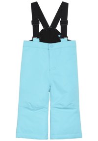 Pantalones de nieve impermeables de color azul claro con tirantes ajustables negros, cierre de botón frontal y rodillas reforzadas para actividades al aire libre en invierno.