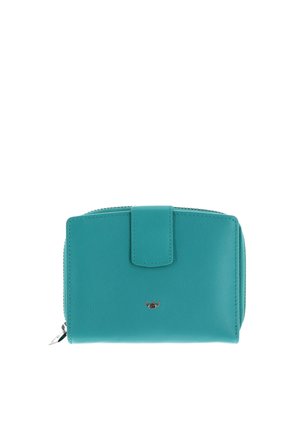 Portefeuille compact en cuir turquoise avec fermeture pression et petit logo métallique à l'avant, fermeture éclair sur le côté.