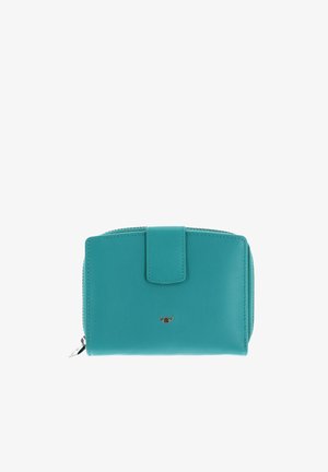 Portefeuille compact en cuir turquoise avec fermeture pression et petit logo métallique à l'avant, fermeture éclair sur le côté.