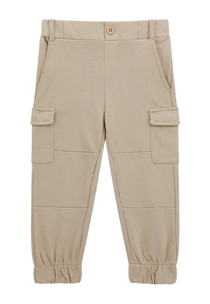 Beżowe spodnie cargo z elastycznymi mankietami, zapięciem na guziki, szlufkami na pasek, bocznymi kieszeniami i kieszeniami na klapki na udach, zaprojektowane do codziennego noszenia.
