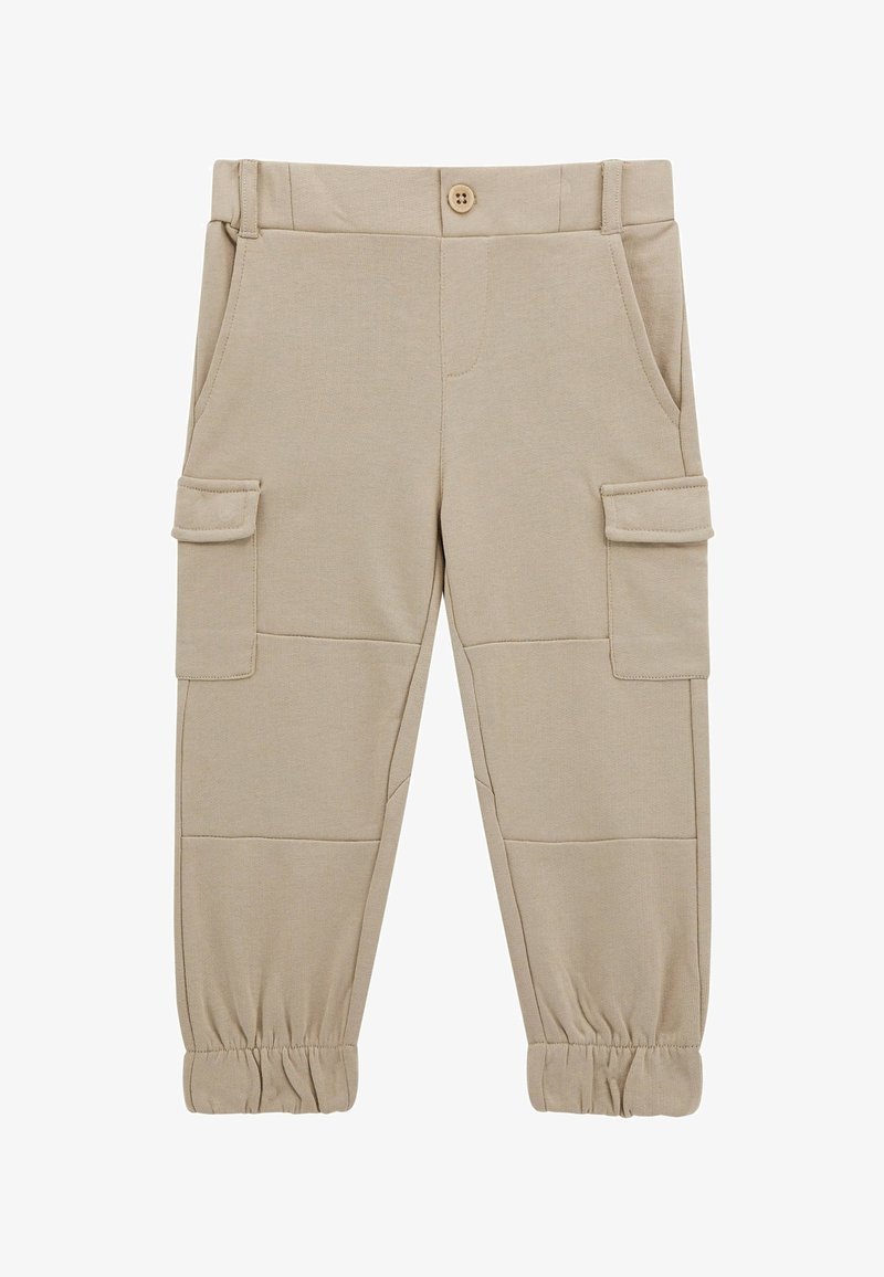 Beżowe spodnie cargo z elastycznymi mankietami, zapięciem na guziki, szlufkami na pasek, bocznymi kieszeniami i kieszeniami na klapki na udach, zaprojektowane do codziennego noszenia.