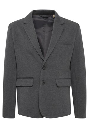 Blazer estructurado gris hecho de tela texturizada, con solapa en pico, dos bolsillos frontales y dos botones para el cierre.