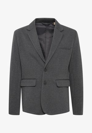 Siv blazer z obnovljeno strukturo, izdelan iz teksturiranega blaga, z zareznim ovratnikom, dvema sprednjima žepoma in dvema gumboma za zapiranje.