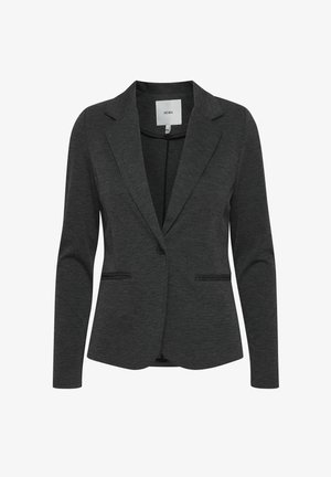 Charcoal gray blazer made from soft fabric, featuring a notched lapel, single button closure, and two front pockets. Smooth texture.