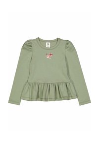 Vaaleanvihreä pitkähihainen pusero, jossa on frillireunus. Ominaisuuksiin kuuluu pullistettujen hihansuiden ja kukkakirjontaa rinnoissa. Pehmeä ja joustava materiaali.