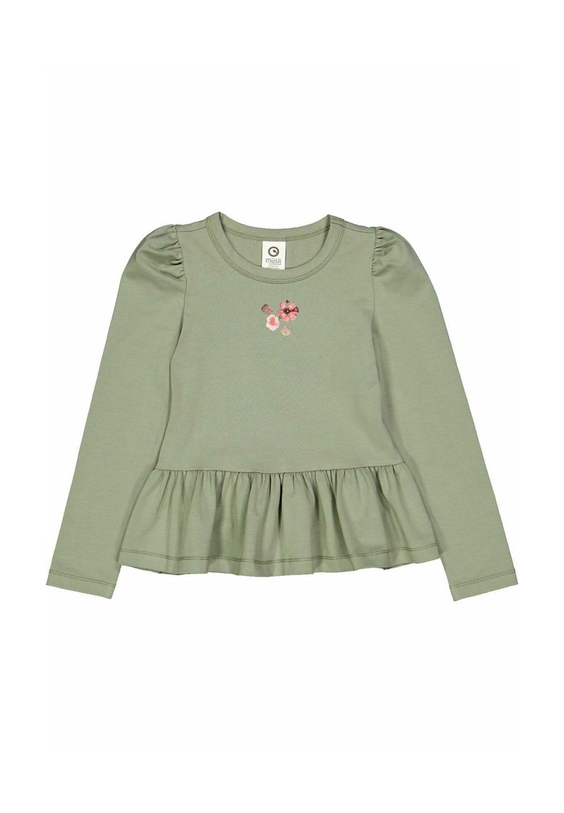 Vaaleanvihreä pitkähihainen pusero, jossa on frillireunus. Ominaisuuksiin kuuluu pullistettujen hihansuiden ja kukkakirjontaa rinnoissa. Pehmeä ja joustava materiaali.