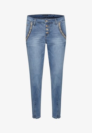 Denim jeans in light blue, featuring five buttons, decorative stitching on pockets, and a tapered leg design.