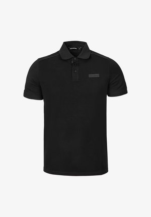 Zwart poloshirt met korte mouwen, drie knopen en een subtiel logoplaatje op de linkerborst, klassieke kraag en reguliere pasvorm.