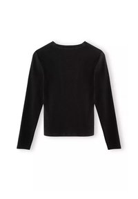 Czarna bluzka z długim rękawem o okrągłym dekolcie, skróconym fasonie, gładkiej fakturze i minimalnych detalach szwów, idealna do warstwowego stylu.