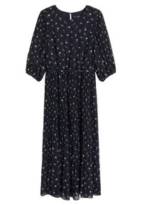 Robe maxi florale bleu marine avec des manches bouffantes trois-quarts, un décolleté rond, une taille élastique et une jupe fluide ornée de petites fleurs multicolores.