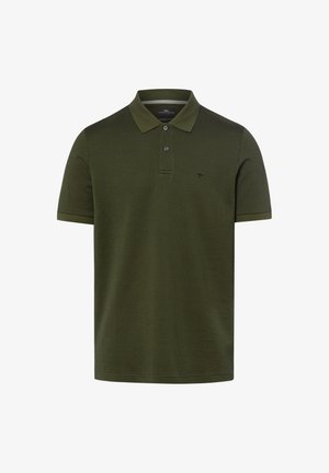 Koszulka polo z krótkim rękawem w kolorze oliwkowej zieleni, z fakturowaną tkaniną, plisą na dwa guziki i małym wyszywanym logo na piersi.