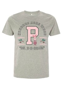 Camiseta gris de algodón con el texto "HUNDRED ACRE WOOD", una gran "P" rosa y una ilustración de Piglet con un diseño de bellota.