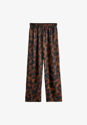 Pantaloni largi dintr-un material texturat cu un model de leopard, în nuanțe de brun și negru. Talie elastică pentru confort și ușurință la purtare.