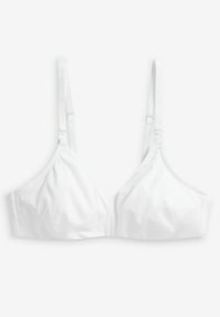 Weißes Baumwoll-Bralette mit dreieckigen Cups, verstellbaren Trägern und einem Haken- und Ösenverschluss auf der Rückseite. Glattes Material ohne Muster oder Verzierungen.