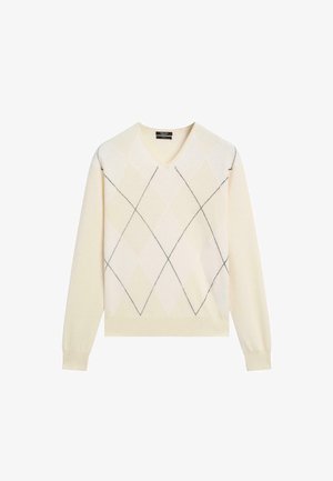 Crèmewitte v-hals trui met een diamantpatroon in zachte tinten. Lange mouwen en geribbelde manchetten. Gemaakt van zacht gebreid materiaal.