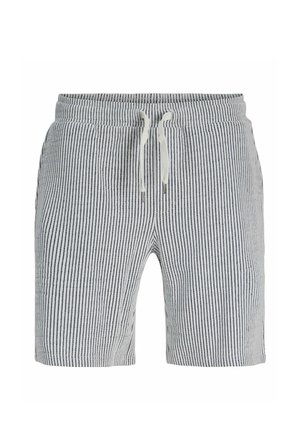 Shorts décontractés pour homme avec des rayures verticales noires et blanches et une taille à cordon blanc réglable.