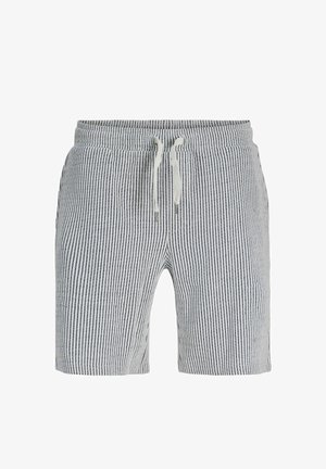 Shorts décontractés pour homme avec des rayures verticales noires et blanches et une taille à cordon blanc réglable.