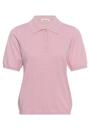Svetloružová pletená polokošeľa s krátkym rukávom, textúrovaným bodkovaným vzorom, tromi gombíkmi a klasickým golierom.