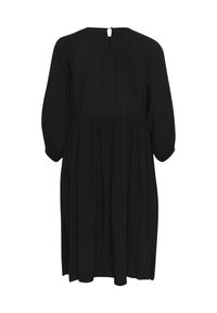Black dress with a textured diamond pattern, round neckline, and three-quarter sleeves. Features a keyhole back opening and gathered waist.