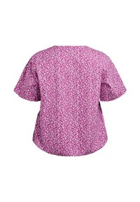 Blusa viola a maniche corte con un taglio ampio, scollatura rotonda e un motivo di piccoli fiori bianchi con accenti verdi.