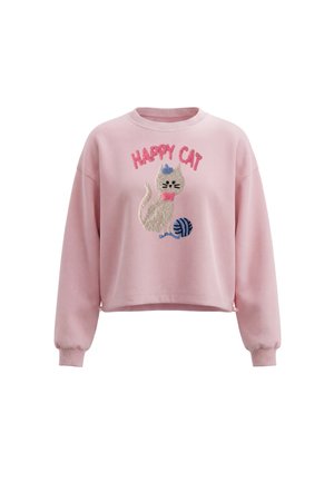 Lyserød sweatshirt med en kat, der bærer en blå hat og en pink butterfly, leger med en blå garnnøgle, og teksten "HAPPY CAT" over.