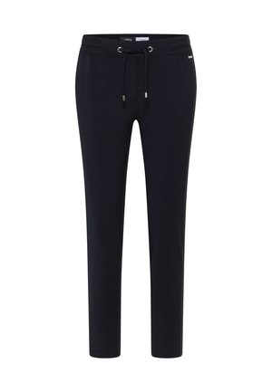 Laivastonsiniset pehmeästä kankaasta tehdyt jogger-housut, joissa on kiristysnauha vyötäröllä, kapeat lahkeet ja hillittyjä hopeanvärisiä yksityiskohtia.