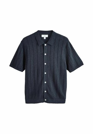 Short-sleeve dark gray button-up cardigan with vertical ribbed texture and white buttons, medium size, collar included.