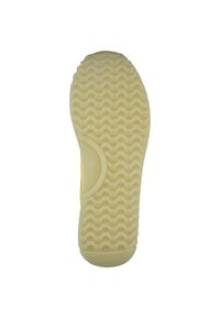 Gummisohle in blassgelb mit einem wellenförmigen Profil. Abgerundete Zehenpartie und strukturierte Oberfläche, mit einem eingebetteten Logo in der Zwischensohle.