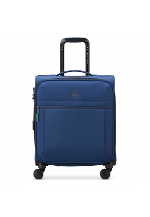 Navy blue suitcase with a durable fabric exterior, two front zippers, a top handle, and four wheels for easy mobility. Features a logo accent.