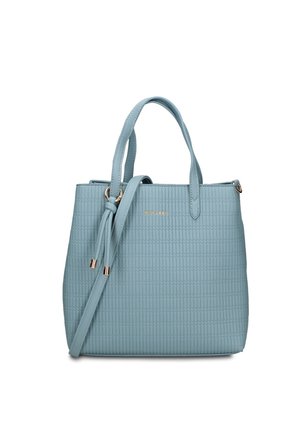 Borsa a mano azzurra chiaro con texture, due manici superiori, tracolla rimovibile con nodi e piccolo dettaglio logo color oro sul davanti.