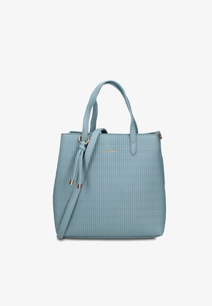 Lichtblauwe gestructureerde handtas met twee bovenhandvatten, een afneembare schouderriem met knopen en een klein gouden logodetail aan de voorkant.