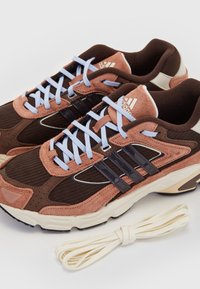 Paire de baskets Adidas marron et rose avec des lacets blancs, des bandes foncées, et des lacets blancs supplémentaires placés à côté sur une surface blanche.