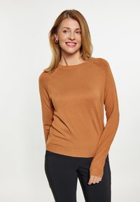 Bruine gebreide trui met een ronde halslijn en lange mouwen, met een aansluitend ontwerp en geribbelde manchetten. Gecombineerd met zwarte broek.