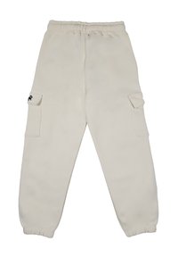 Pantaloni jogger color crema con vita elasticizzata, due tasche laterali e dettaglio del logo sulla tasca sinistra. Texture liscia.