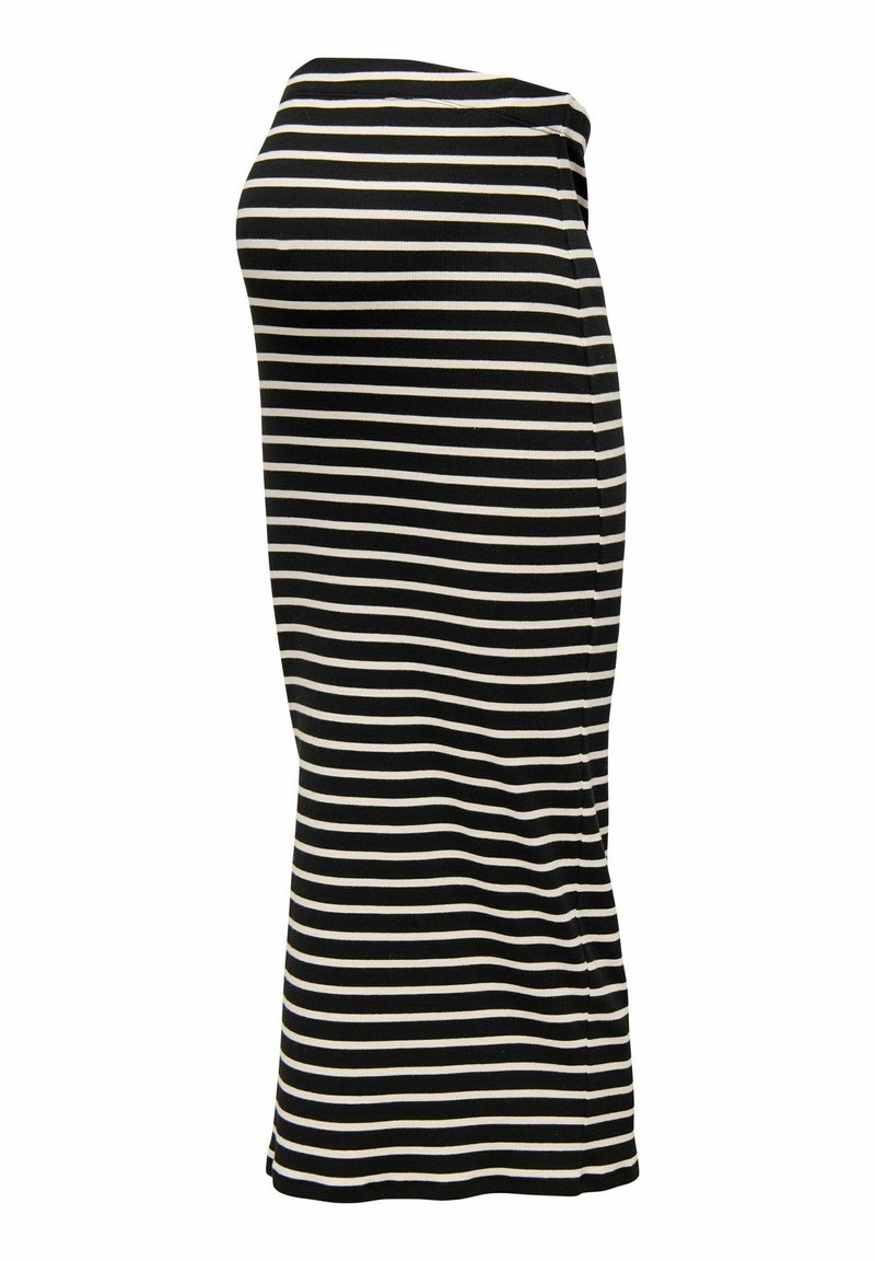 Jupe crayon à rayures noire et ivoire, fabriquée en tissu extensible. Design épuré avec une silhouette ajustée et des rayures verticales. Texture lisse.