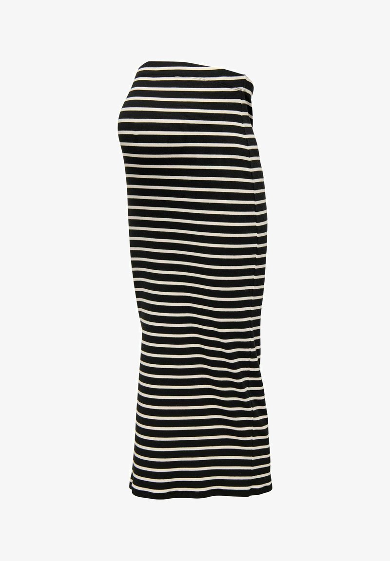 Csíkos ceruza szoknya fekete és elefántcsont színben, rugalmas anyagból készült. Elegáns dizájn, csinos szabással és függőleges csíkokkal. Sima textúra.